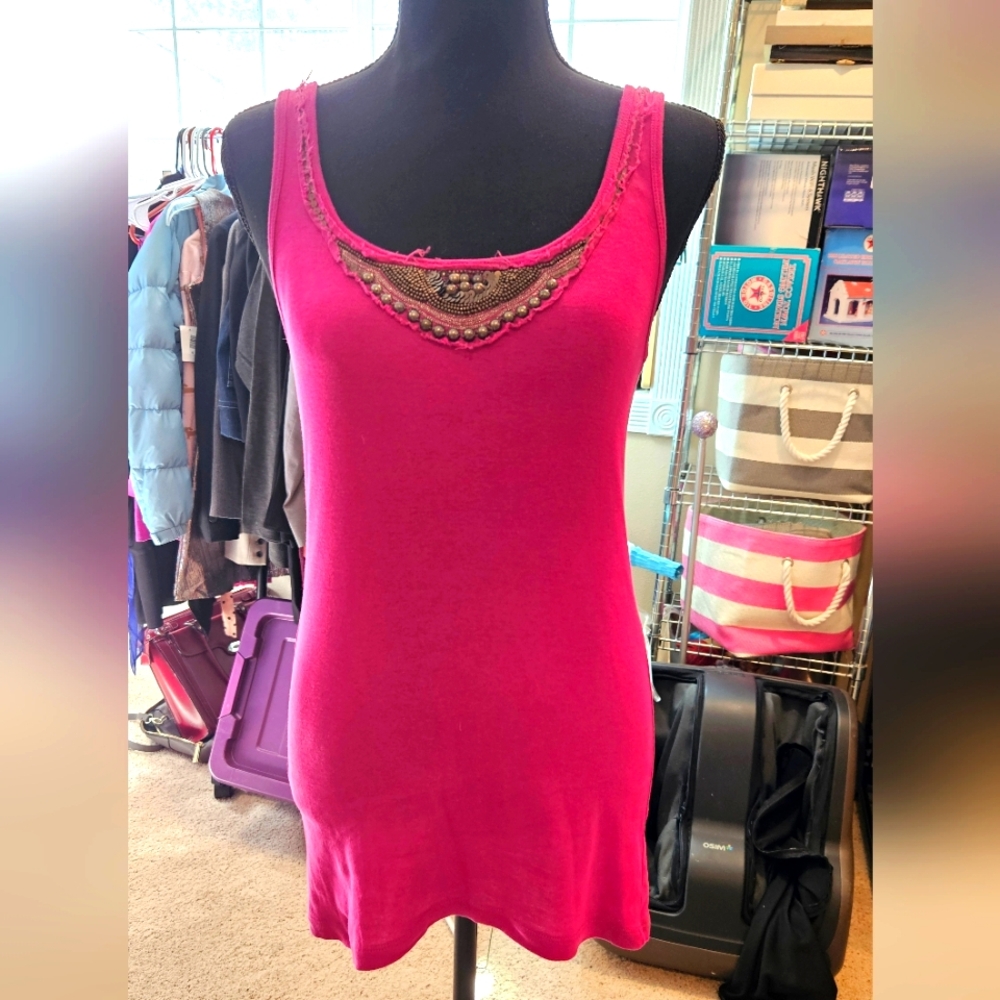 AnnTaylor LOFT Pink Embellished Tank Top, Size M